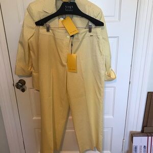 St John Knits Cadmium/White Stripe Jacket Pants Suit Faux Pockets NWT